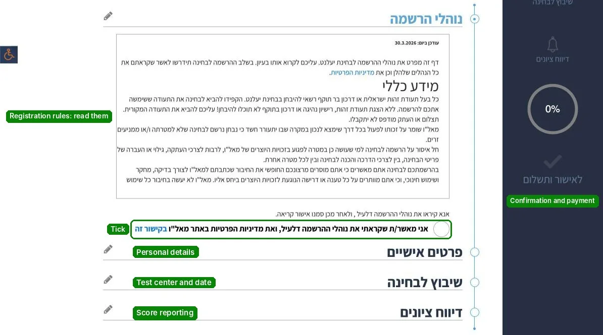 Registration rules and sections of the YAELNET form