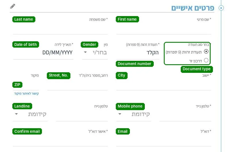 Personal details in the YAELNET registration form