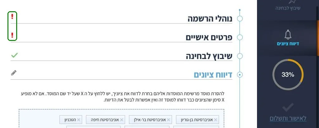 חלקים שלא מולאו ומעבר לתשלום בהרשמה לבחינת יעלנט